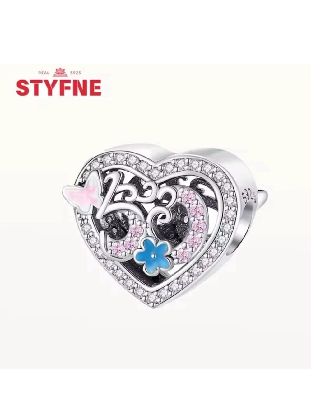 Heart-Shaped Sterling Silver 925 Charm with Number “50” and Pink & Blue Accents - Picture 5 of 5